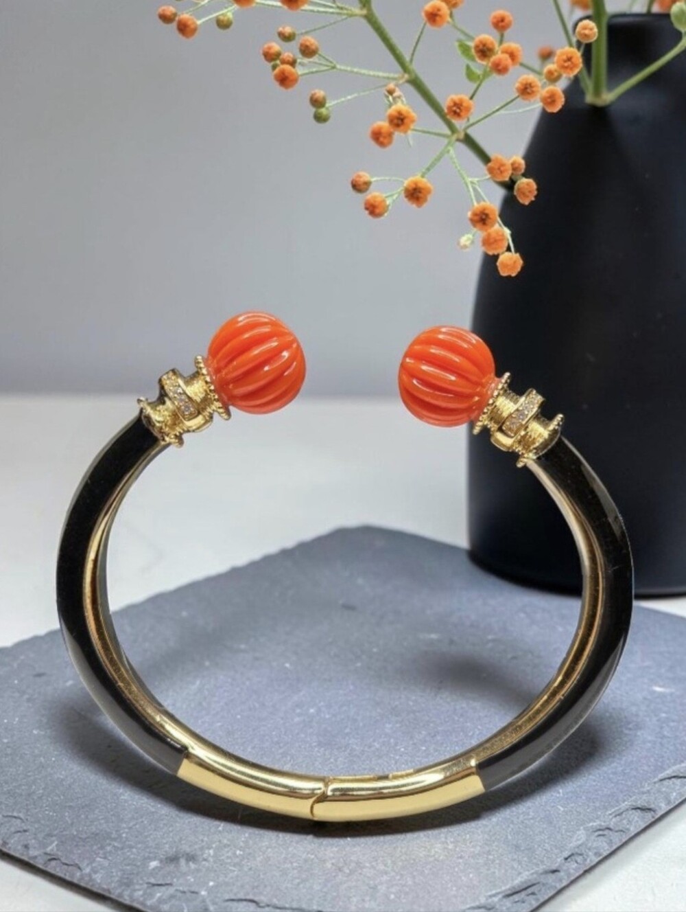 Lux French Designer Vibes 18k Gold Plated Onyx Enameled Coral Melonball Bracelet
